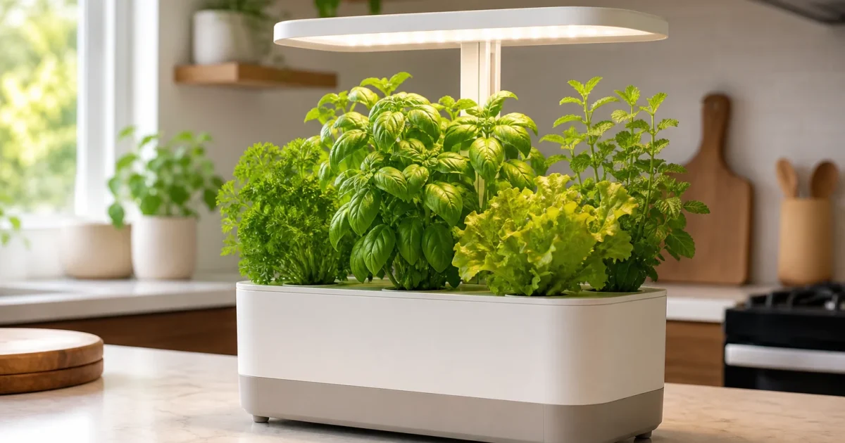 A countertop AeroGarden hydroponic unit still growing herbs, illustrating that AeroGarden discontinued rumors don't match what's actually running in kitchens today.