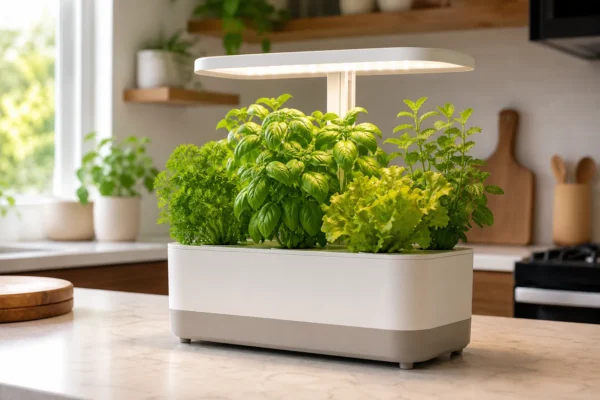 A countertop AeroGarden hydroponic unit still growing herbs, illustrating that AeroGarden discontinued rumors don't match what's actually running in kitchens today.
