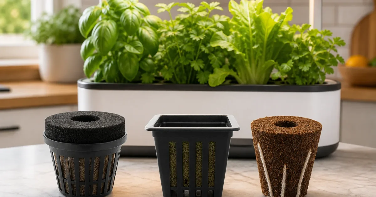 Three different smart garden pod types side by side -- a round basket-and-sponge pod, a square net-pot pod, and a soil-wick plug pod -- illustrating the formats to check before buying refills.