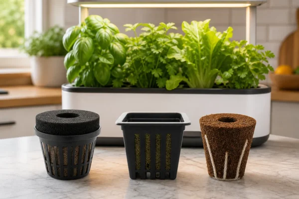 Three different smart garden pod types side by side -- a round basket-and-sponge pod, a square net-pot pod, and a soil-wick plug pod -- illustrating the formats to check before buying refills.