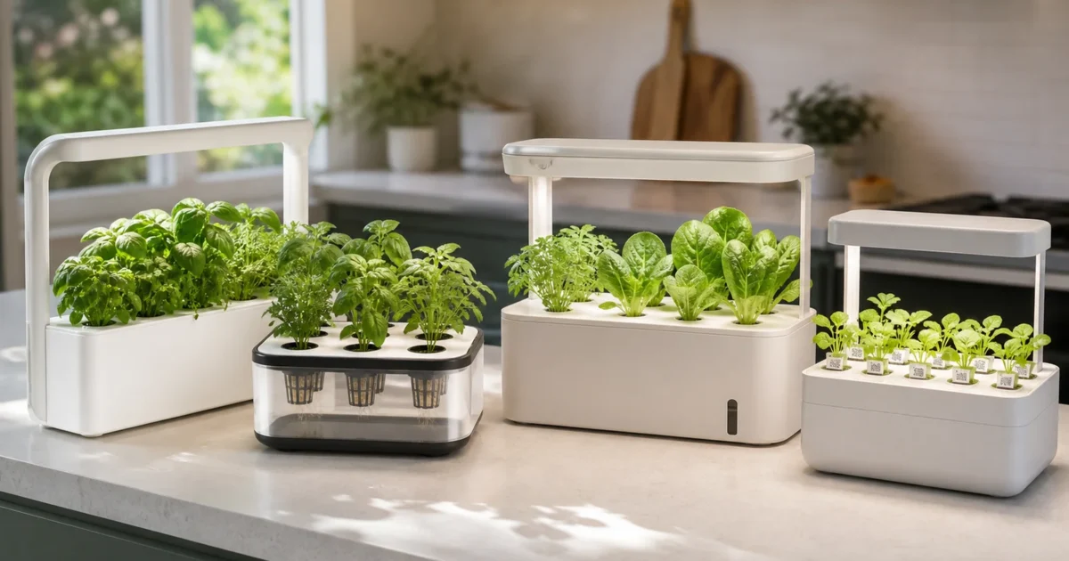 Several smart indoor garden systems side by side, illustrating how smart garden proprietary pods range from open sponge-and-basket formats to closed QR-coded pod ecosystems.