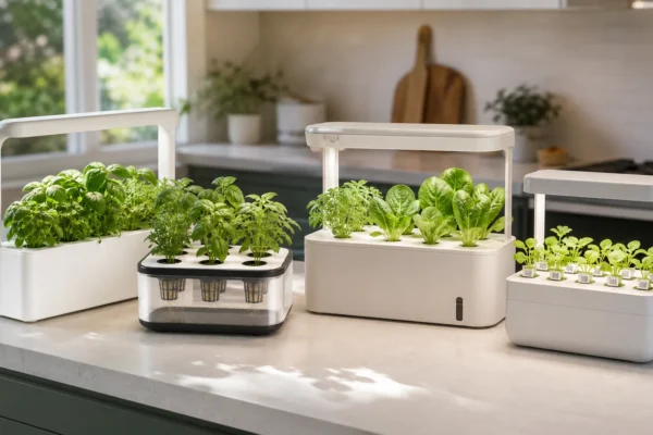 Several smart indoor garden systems side by side, illustrating how smart garden proprietary pods range from open sponge-and-basket formats to closed QR-coded pod ecosystems.