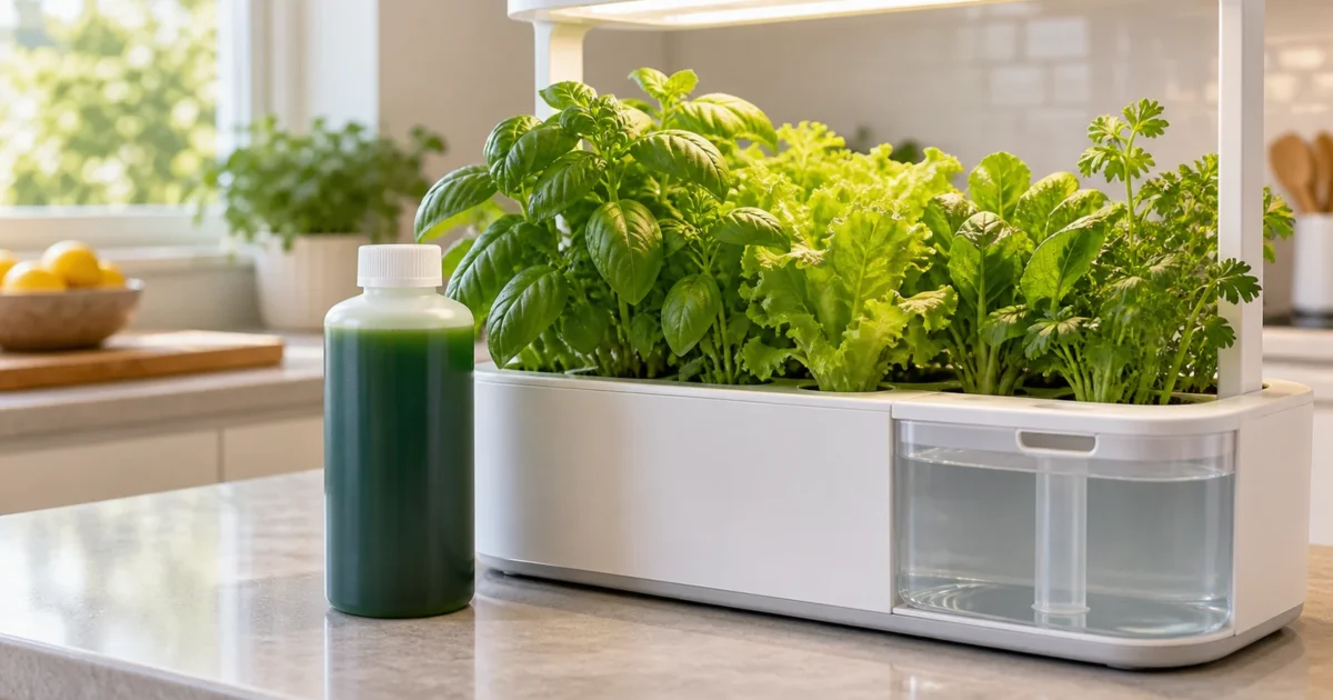 A bottle of general hydroponic nutrient concentrate next to a countertop smart garden reservoir, illustrating whether general hydroponic nutrients work in a smart garden.
