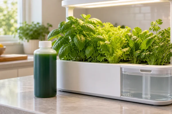 A bottle of general hydroponic nutrient concentrate next to a countertop smart garden reservoir, illustrating whether general hydroponic nutrients work in a smart garden.