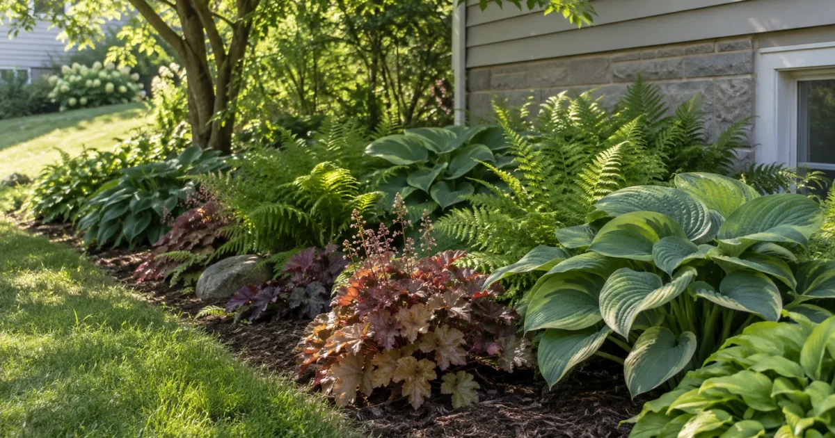 A shaded north-facing garden bed along a house foundation planted with hostas, ferns, and coral bells beneath a leafy tree canopy.