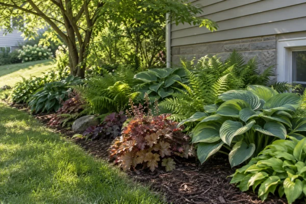 A shaded north-facing garden bed along a house foundation planted with hostas, ferns, and coral bells beneath a leafy tree canopy.