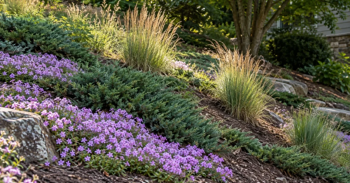Creeping phlox, creeping juniper, and little bluestem grass are strong plants for a dry sunny slope, shown here on a well-drained hillside.