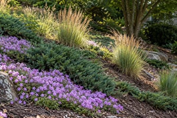 Creeping phlox, creeping juniper, and little bluestem grass are strong plants for a dry sunny slope, shown here on a well-drained hillside.