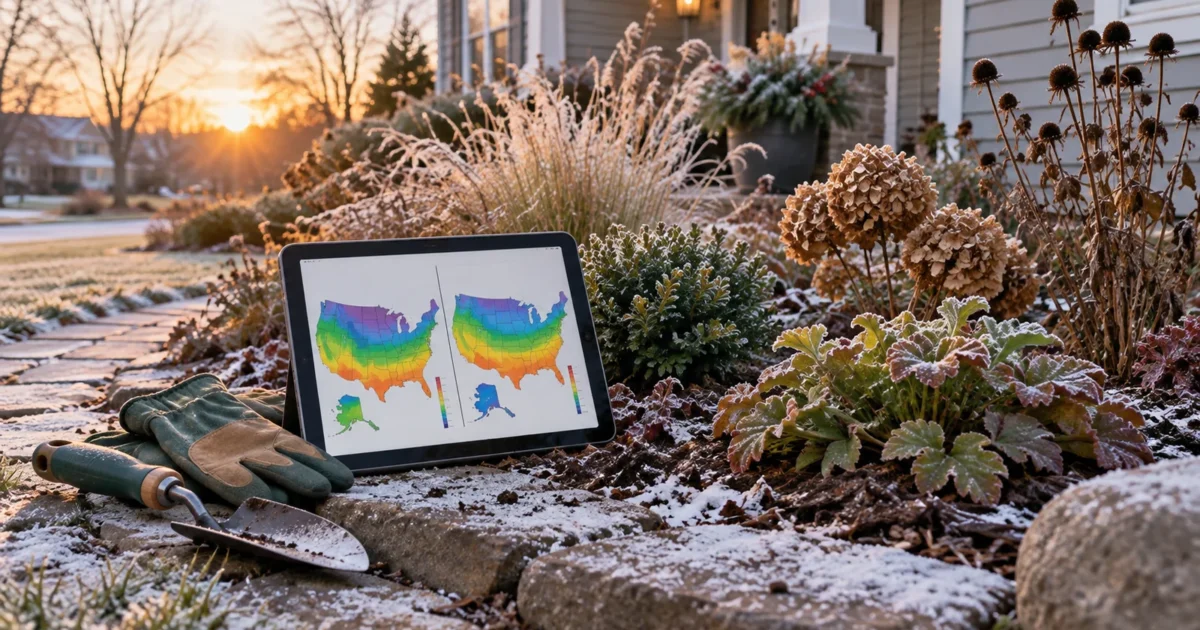 A gardener comparing an older and a newer USDA plant hardiness zone map on a tablet in front of a home flower bed, illustrating that the usda hardiness zone changed in 2023.