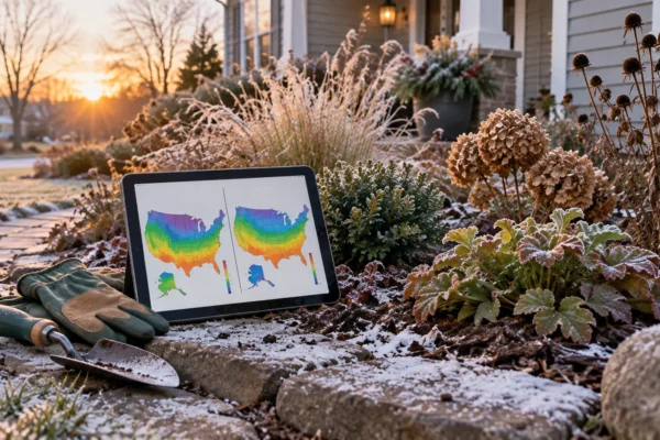 A gardener comparing an older and a newer USDA plant hardiness zone map on a tablet in front of a home flower bed, illustrating that the usda hardiness zone changed in 2023.