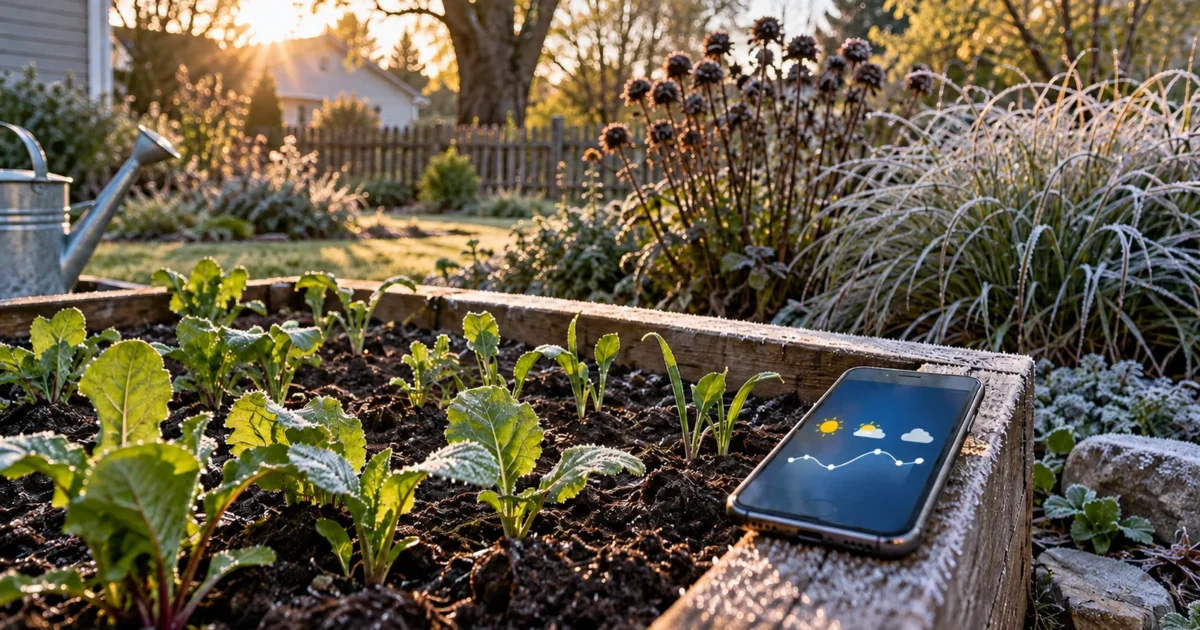 A gardener checking a smartphone weather forecast next to young seedlings in a garden bed on a cool spring morning, deciding whether it's past their last frost date.