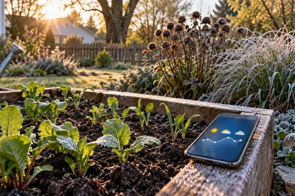 A gardener checking a smartphone weather forecast next to young seedlings in a garden bed on a cool spring morning, deciding whether it's past their last frost date.
