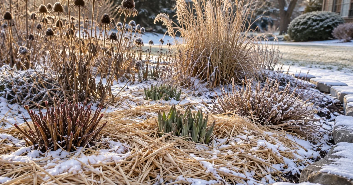 A snow-dusted garden bed in late winter with straw mulch around perennial crowns, illustrating perennials for zone 4 that come back in spring.