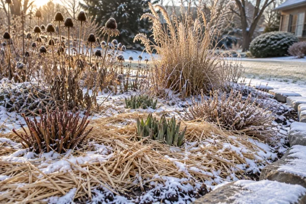 A snow-dusted garden bed in late winter with straw mulch around perennial crowns, illustrating perennials for zone 4 that come back in spring.
