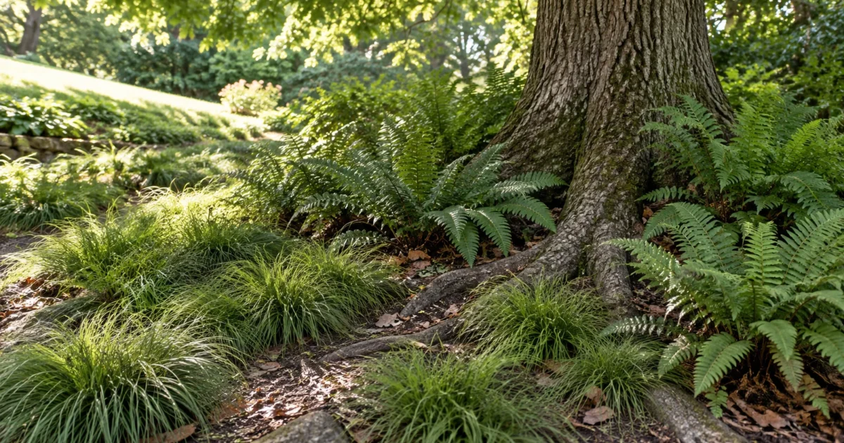 A shaded bed under a mature tree with Pennsylvania sedge and Christmas fern, examples of plants for dry shade growing among tree roots.