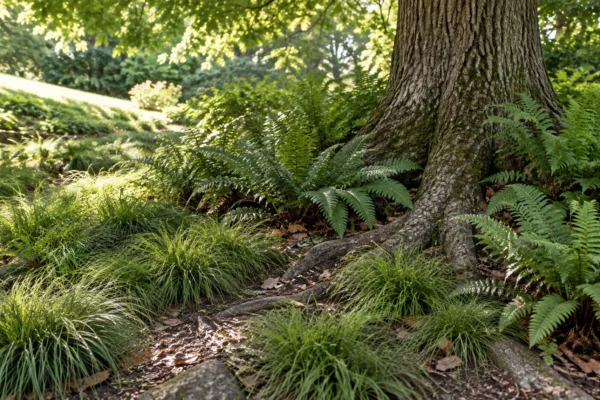 A shaded bed under a mature tree with Pennsylvania sedge and Christmas fern, examples of plants for dry shade growing among tree roots.
