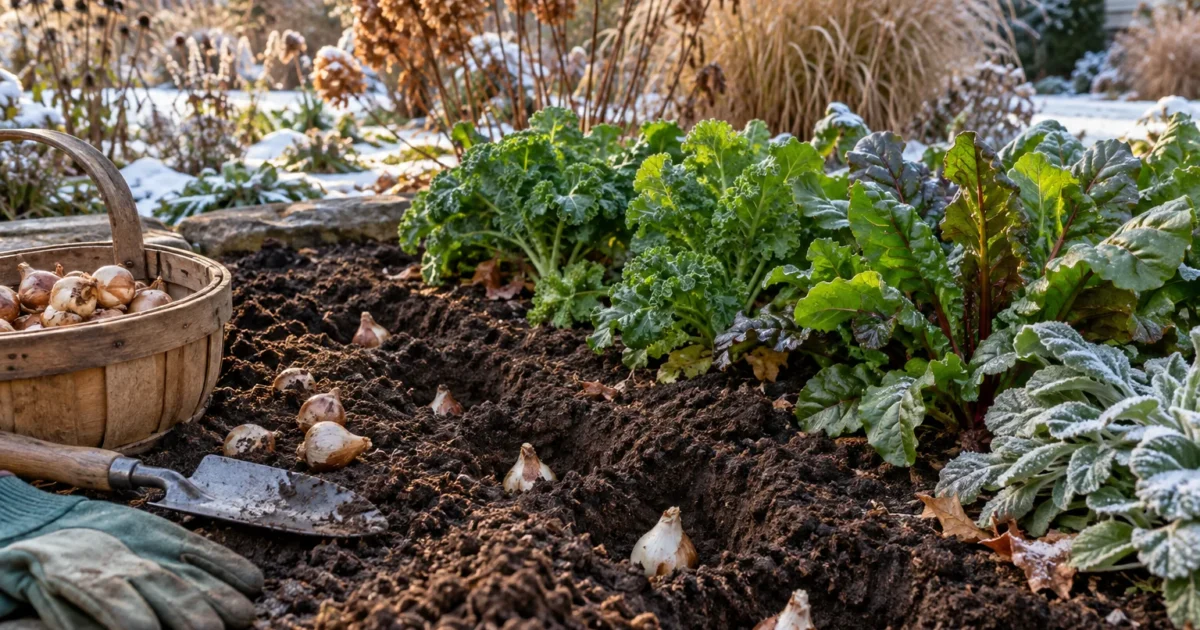 A gardener pressing spring bulbs into cool autumn soil beside a bed of fall greens, showing what to plant in fall before the ground freezes.