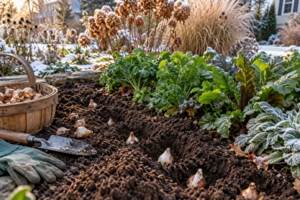 A gardener pressing spring bulbs into cool autumn soil beside a bed of fall greens, showing what to plant in fall before the ground freezes.
