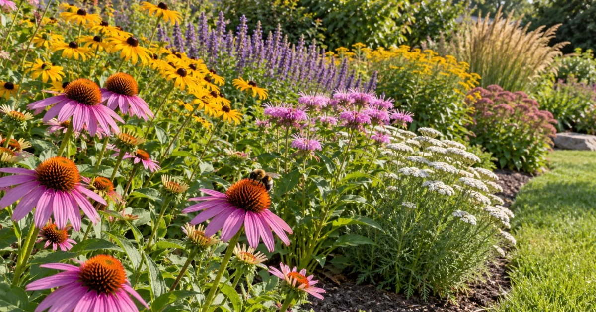 A sunny mixed bed of native flowering perennials in drifts with a bee on a bloom, showing pollinator plants chosen to fit zone, sun, and soil.