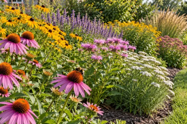 A sunny mixed bed of native flowering perennials in drifts with a bee on a bloom, showing pollinator plants chosen to fit zone, sun, and soil.