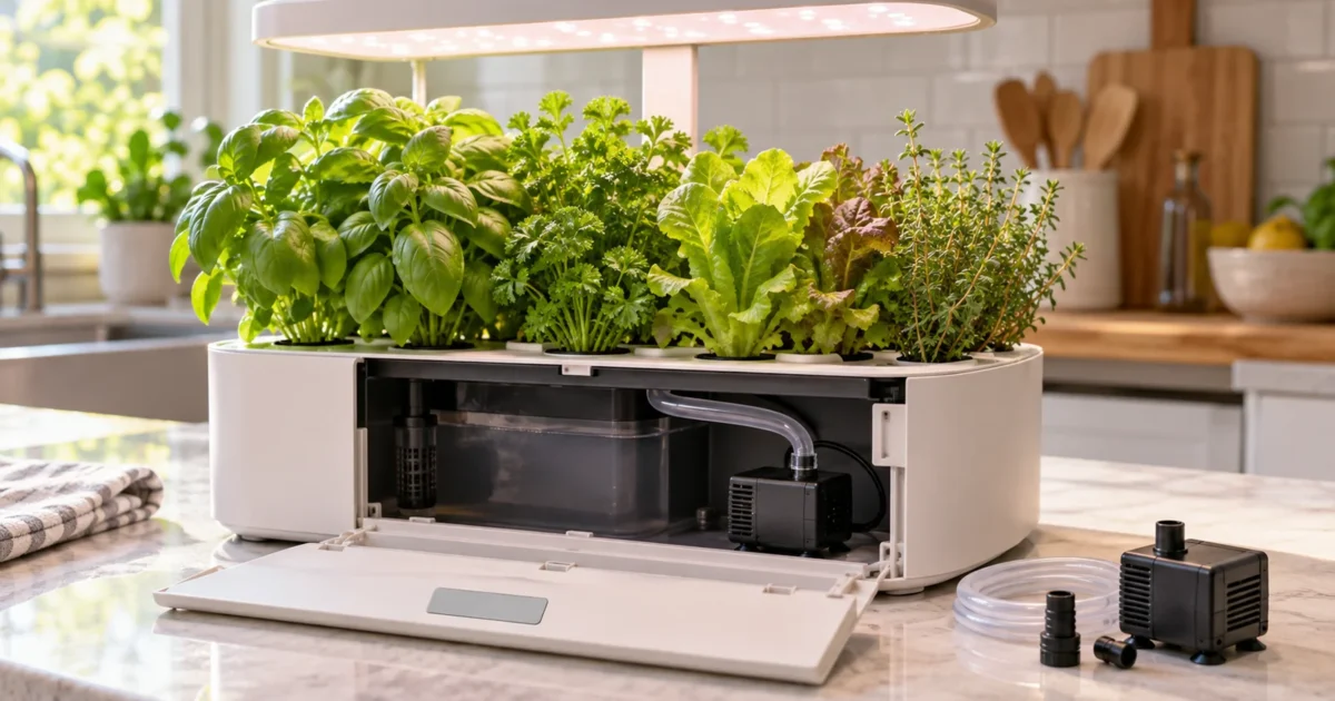 A countertop indoor garden base with its pump and model label visible, showing which replacement pump fits by garden family and generation.
