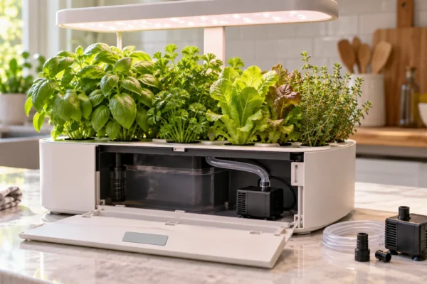 A countertop indoor garden base with its pump and model label visible, showing which replacement pump fits by garden family and generation.