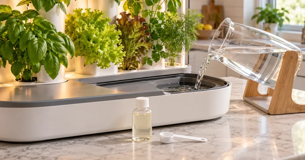 An indoor hydroponic garden's tank being topped off with water, beside a small unlabeled bottle of water treatment and a measuring spoon.