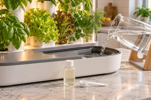 An indoor hydroponic garden's tank being topped off with water, beside a small unlabeled bottle of water treatment and a measuring spoon.